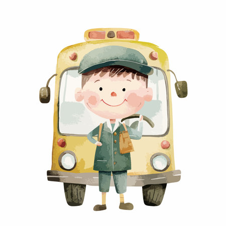 Cute cartoon schoolboy in uniform standing near school bus. Vector illustration