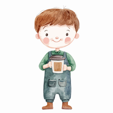 Illustration of a Cute Little Boy Holding a Cup of Coffeeのイラスト素材
