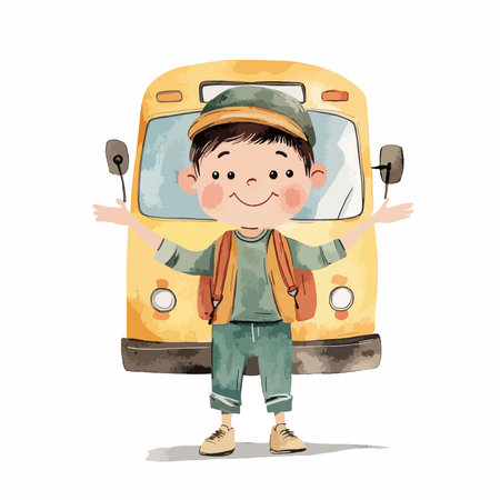 Cute cartoon schoolboy standing near school bus. Vector illustration.