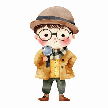 cartoon boy explorer with magnifying glass illustration isolated on white backgroundのイラスト素材