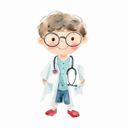 cute cartoon doctor with stethoscope and glasses, vector illustrationのイラスト素材
