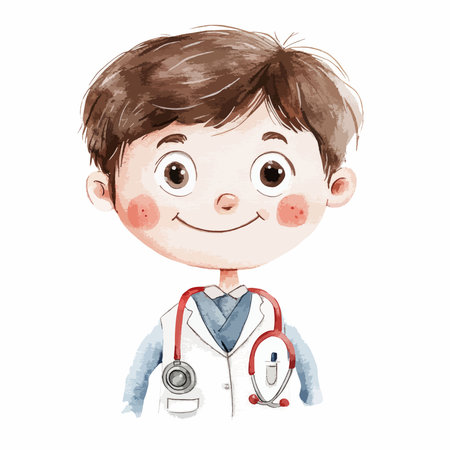 Cute cartoon doctor boy with stethoscope. Hand drawn vector illustrationのイラスト素材