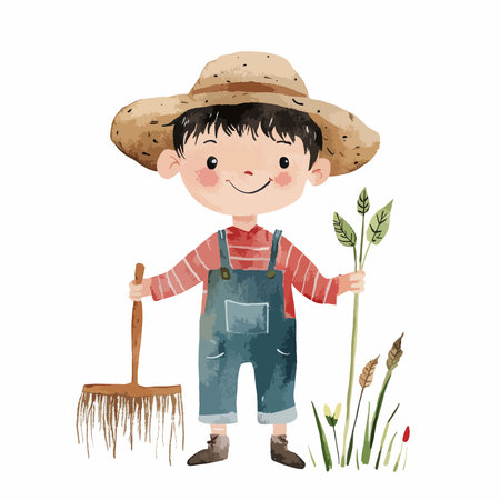 cute farmer boy with straw hat and rake character vector illustration designのイラスト素材