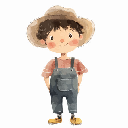 Illustration of a Cute Boy Wearing a Farmer's Hatのイラスト素材