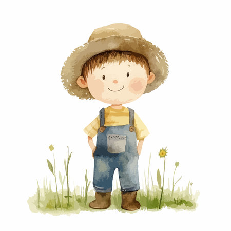 Illustration of a Little Boy Wearing a Straw Hat and Jeans Standing in a Field.のイラスト素材