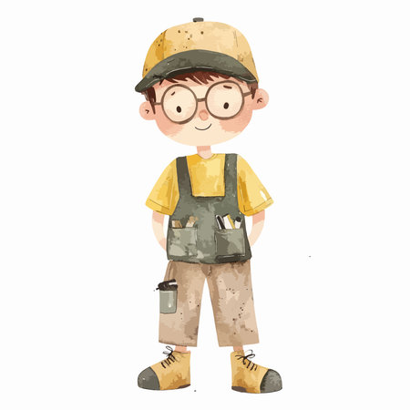 Cartoon vector illustration of a little boy in a cap and overallsのイラスト素材
