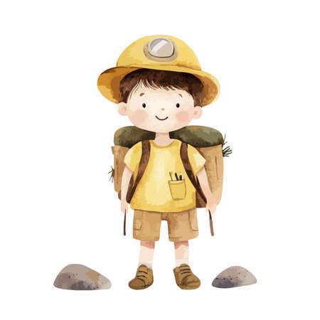 Cute cartoon explorer boy with backpack. Vector illustration isolated on white background.のイラスト素材