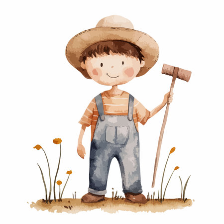 Watercolor farmer with a shovel in the field. Vector illustration.のイラスト素材