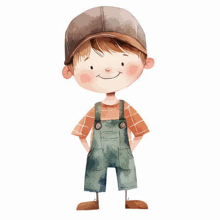 Illustration of a Cute Little Boy Wearing a Cap and Jeansのイラスト素材