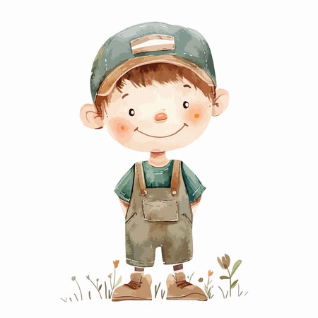 Cute boy in a cap and overalls. Vector illustration.のイラスト素材