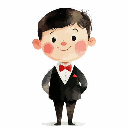 cute cartoon waiter with bow tie on white background, vector illustrationのイラスト素材
