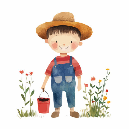 Cute cartoon farmer with a bucket of flowers. Vector illustration.のイラスト素材
