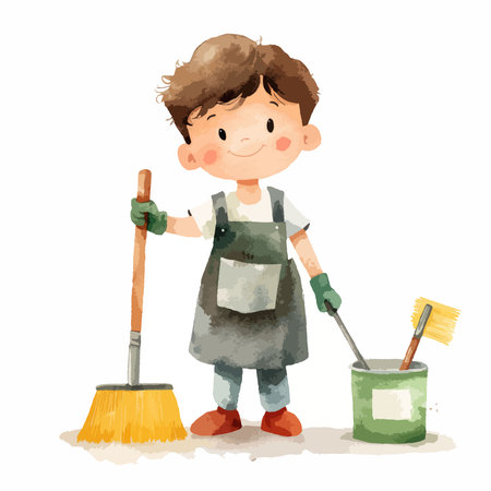 Cute cartoon boy cleaning the house. Vector illustration isolated on white background.のイラスト素材