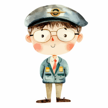 Illustration of a boy in a pilot's cap and glasses.