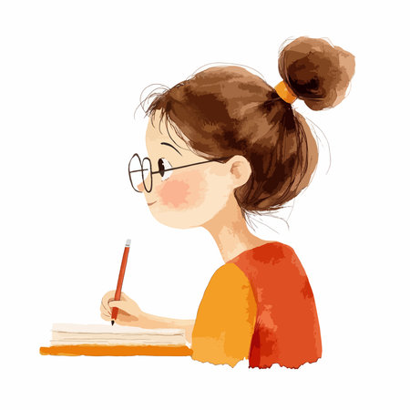 Schoolgirl doing homework. Vector illustration on a white background. Back to school.のイラスト素材