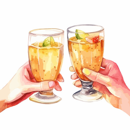Hand holding glasses of orange cocktail. Watercolor hand drawn illustration.のイラスト素材