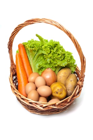 carrot, eggs, onion, poatatoes in a basket の写真素材