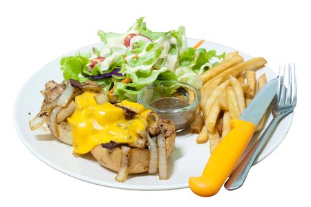 Steak Sandwiches with fried salad and steak sauceの写真素材