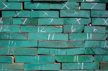 Pile of Wood Stored in stock painted green and marked sizeの写真素材