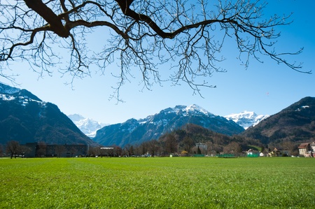 Beautiful scene of town with green field and trees at Interlakenの写真素材