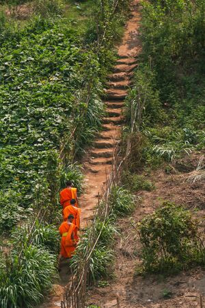 Three monks walking on the way of country sideの写真素材