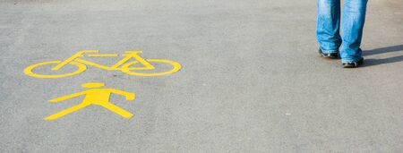 Bicycle way and walkway or footpath signの写真素材