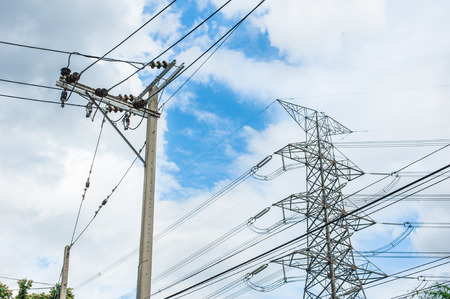 High voltage pole in cityの写真素材