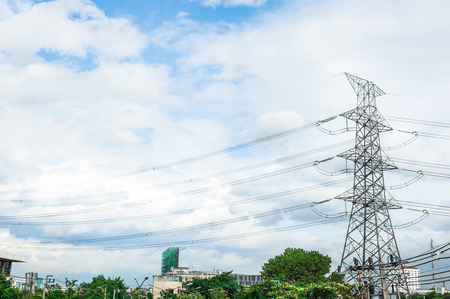 High voltage pole in cityの写真素材