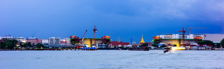Panorama View of Chaopraya River at Dawn with Boat and Bridge Uner Constructionのeditorial素材