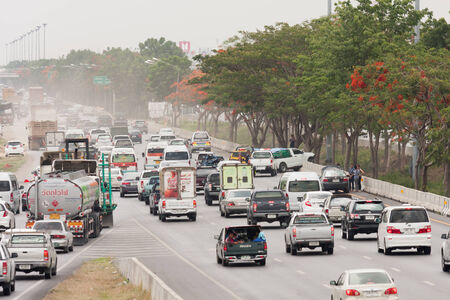 Bangkok, Thailand May - 31th, Car Accident on highway road cause traffic jam from Ayuthaya to Bangkok on May 31th 2014のeditorial素材