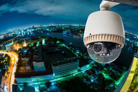 CCTV with Blur City in background fish eye perspectiveの写真素材