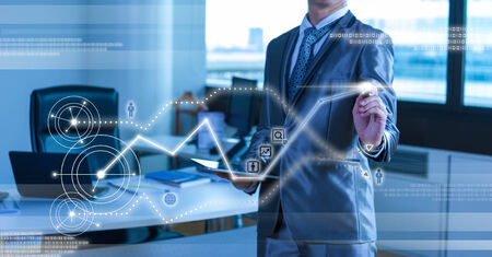 businessman working on 3D bar chart business strategy conceptの写真素材