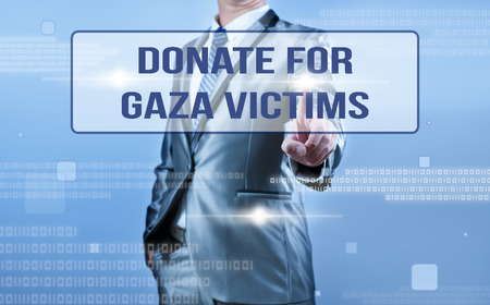 businessman making decision on donate for gaza victimsの写真素材