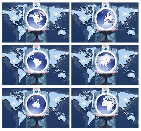 6 image of businessman holding on globe for each continentの写真素材