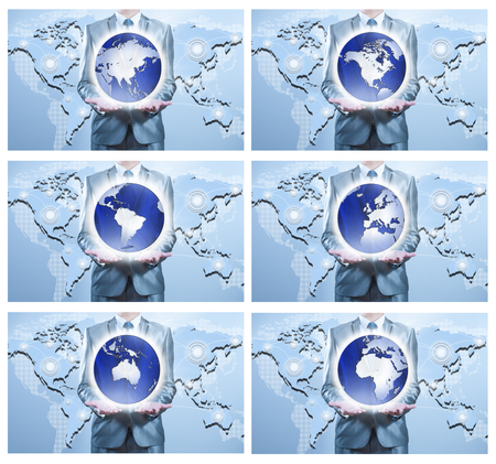 6 image of businessman holding on globe for each continentの写真素材