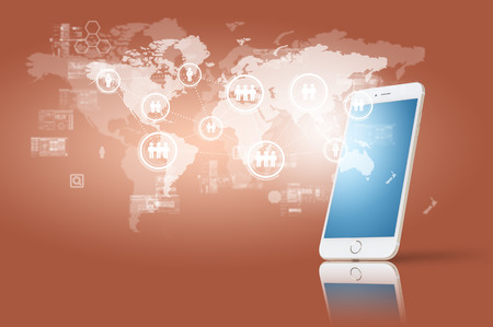 Globalization or Social network concept background with new generation of mobile phoneの写真素材