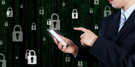 Businessman using smart phone logging in on line, business technology concept