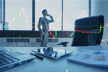 business man using cell phone in office, business globalization conceptの写真素材