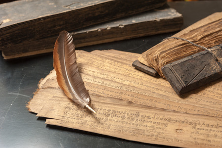 Ancient Treatise with bird featherの写真素材