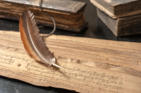 Ancient Treatise with bird featherの写真素材