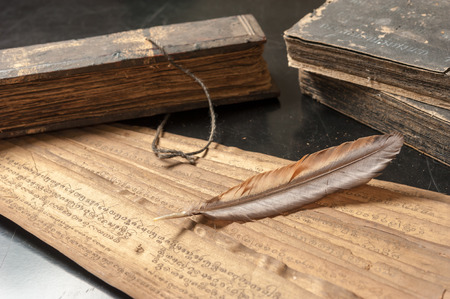 Ancient Treatise with bird featherの写真素材