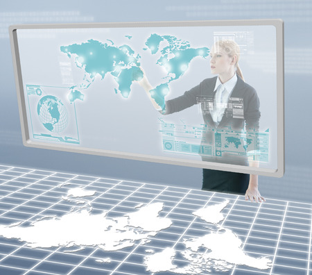 Businesswoman working on digital virtual screen, business strategy conceptの写真素材