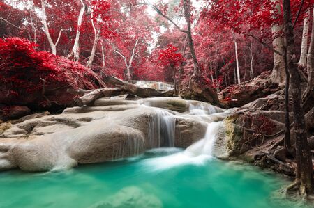 Deep forest waterfall at Erawan waterfall National Park Kanchanaburi Thailandの写真素材