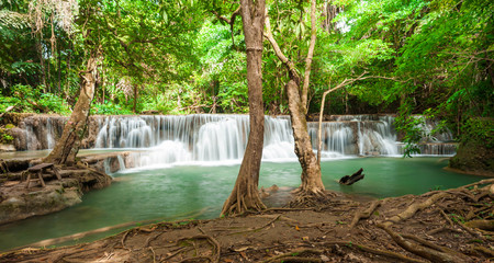 Deep forest waterfall at Huay Mae Kamin waterfall National Park Kanchanaburi Thailandの写真素材