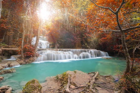 Deep forest waterfall at Huay Mae Kamin waterfall National Park Kanchanaburi Thailandの写真素材