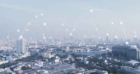 City with conncection line, technology conceptual, internet globalization conceptの写真素材
