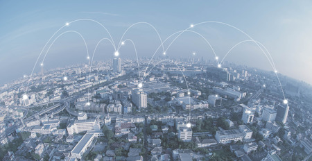 City with conncection line, technology conceptual, internet globalization conceptの写真素材