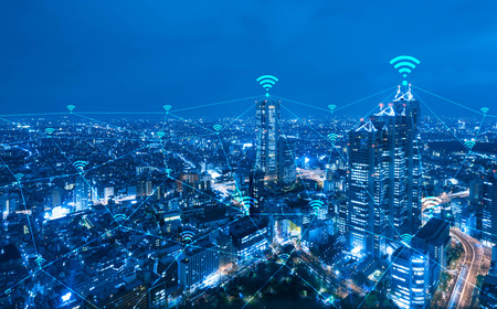 Cityscape with wi-fi connection conceptual,information communication technology concept Cityscape with wi-fi connection conceptual,information communication technology concept
