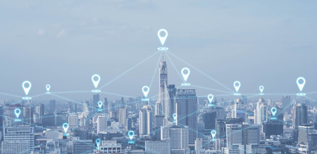 Blue high-tech tone of cityscape conneted line with pin sign, technology concept, internet of things conceptualの写真素材