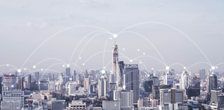 Blue high-tech tone of cityscape connected line, technology concept, internet of things conceptual